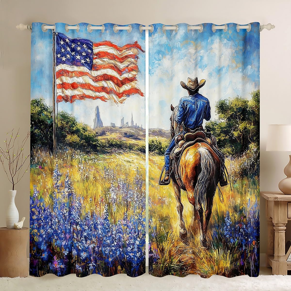 Western Cowboy Kids Blackout Curtains,Oil Painting American Flag Retro Window Drapes for Boys Men,Horse Animal Rustic Nature Blue Green Window Treatments Grommet Top 2 Panel Set,46Wx72L inch