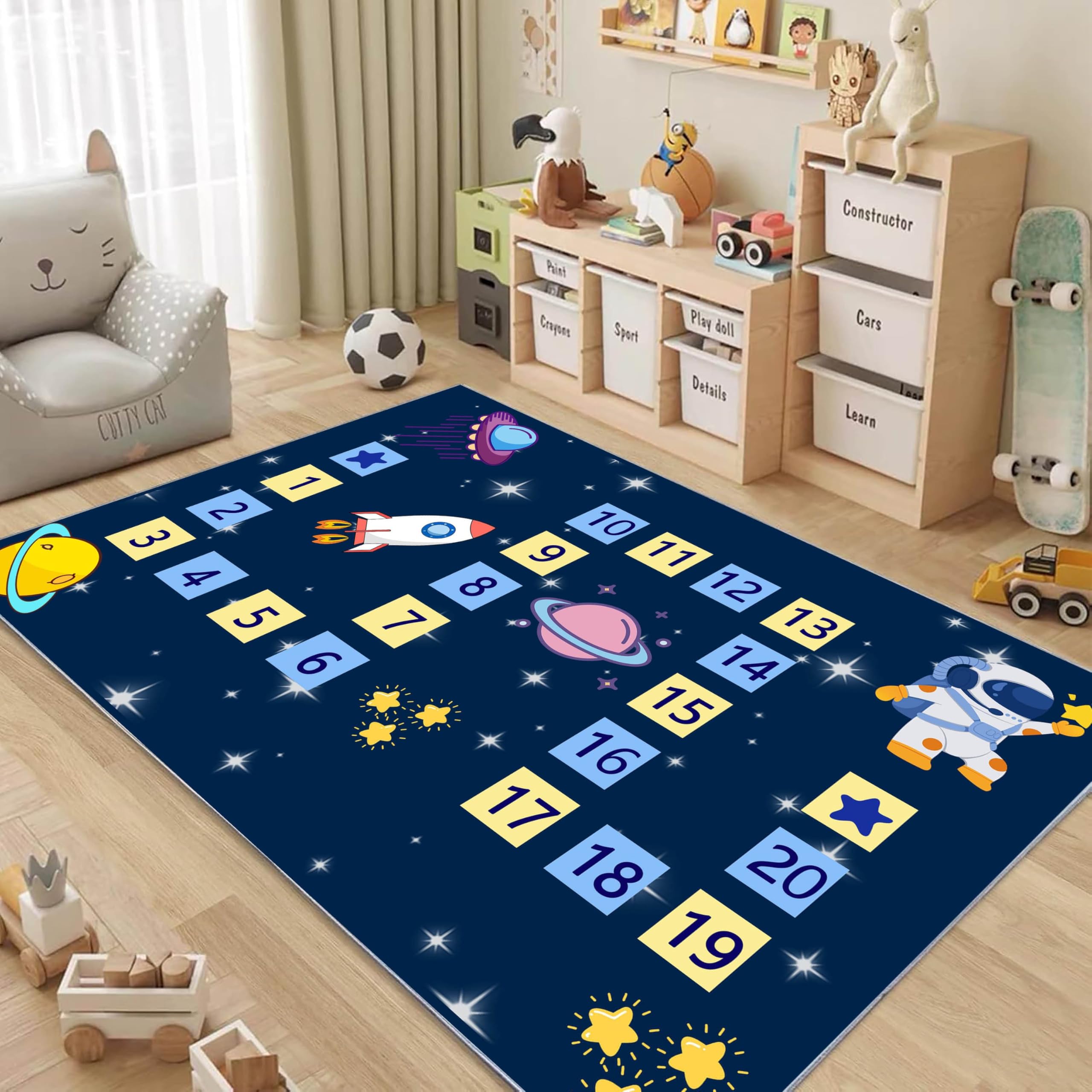 ZCLRUG Cartoon Kids Education Area Rug, 180 x 300 cm astronaut spaceship Rocket number Star Washable Rug, Soft Low Pile Non-Slip Childlike Dark blue Floor mat for Bedroom Kids Room Playroom Carpet