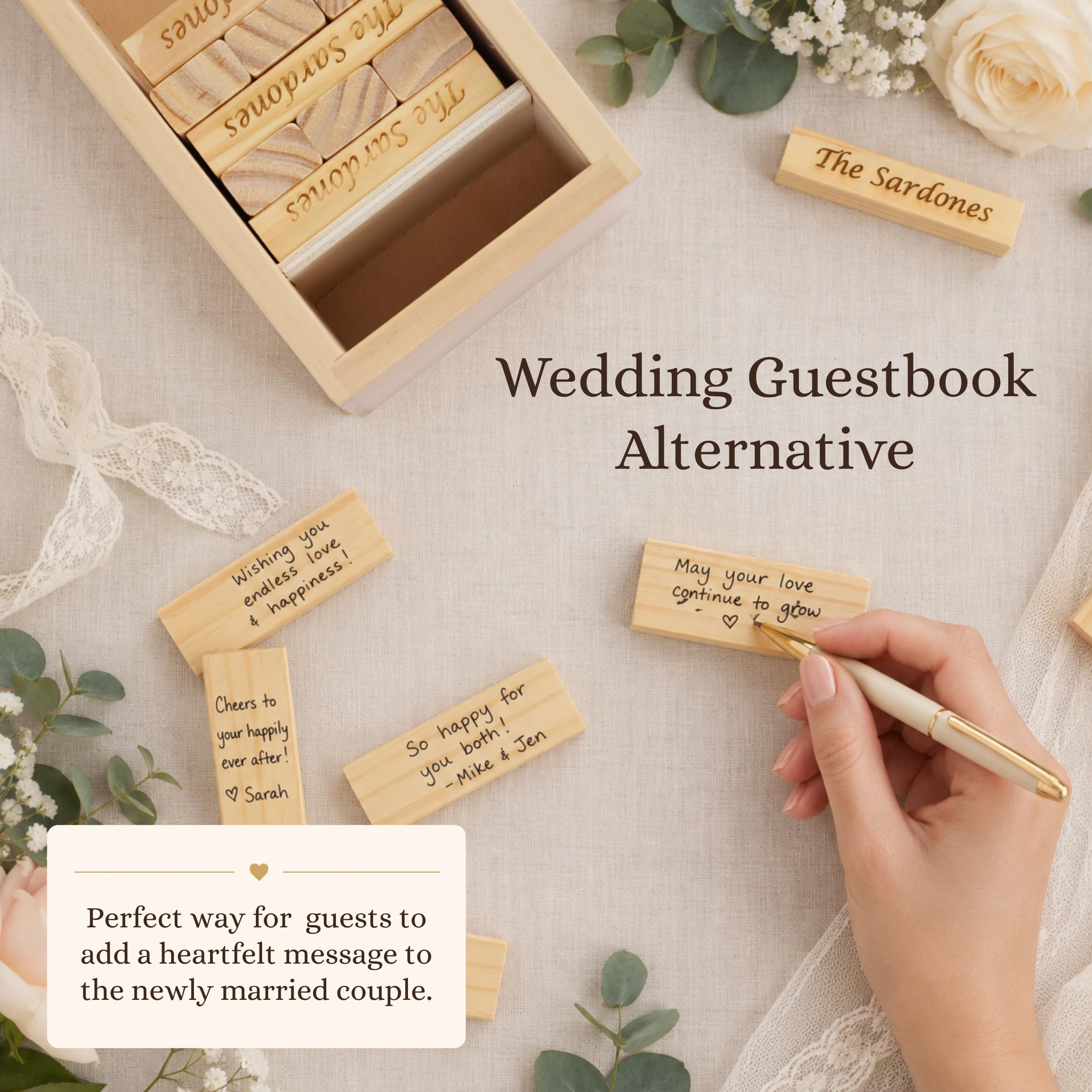 WE Games Libro de invitados de boda personalizado, caja de recuerdos de madera, 54 bloques, grabado personalizado