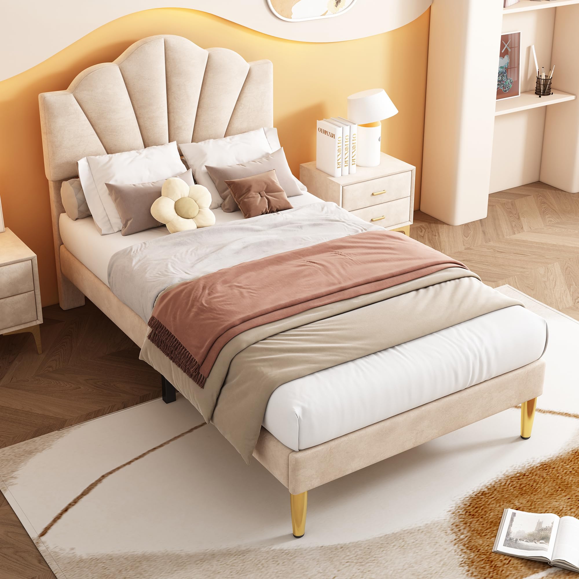 3FT Upholstered Single Bed,Velvet Shell-Like Single Bed Frame with Golden Iron Legs, Height-Adjustable Headboard, Wooden Slatted Frame, No Mattress. (Beige)