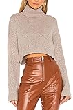 Jumppmile Women's Crop Sweater Turtleneck Long Sleeve Lightweight Fleece Cropped Pullover Sweater Top Small Khaki