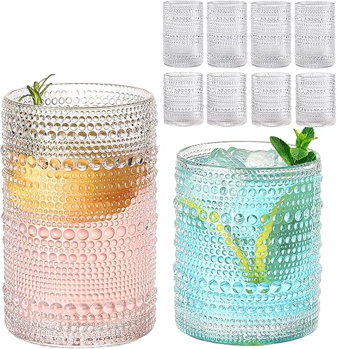 Vista 12 de Juego de 8 Vasos de Beber Vintage con Relieve, Verde de 12 oz y 15 oz Vasos Highball, Cristalería para Bebidas de Cocina, Vaso de Agua en Relieve