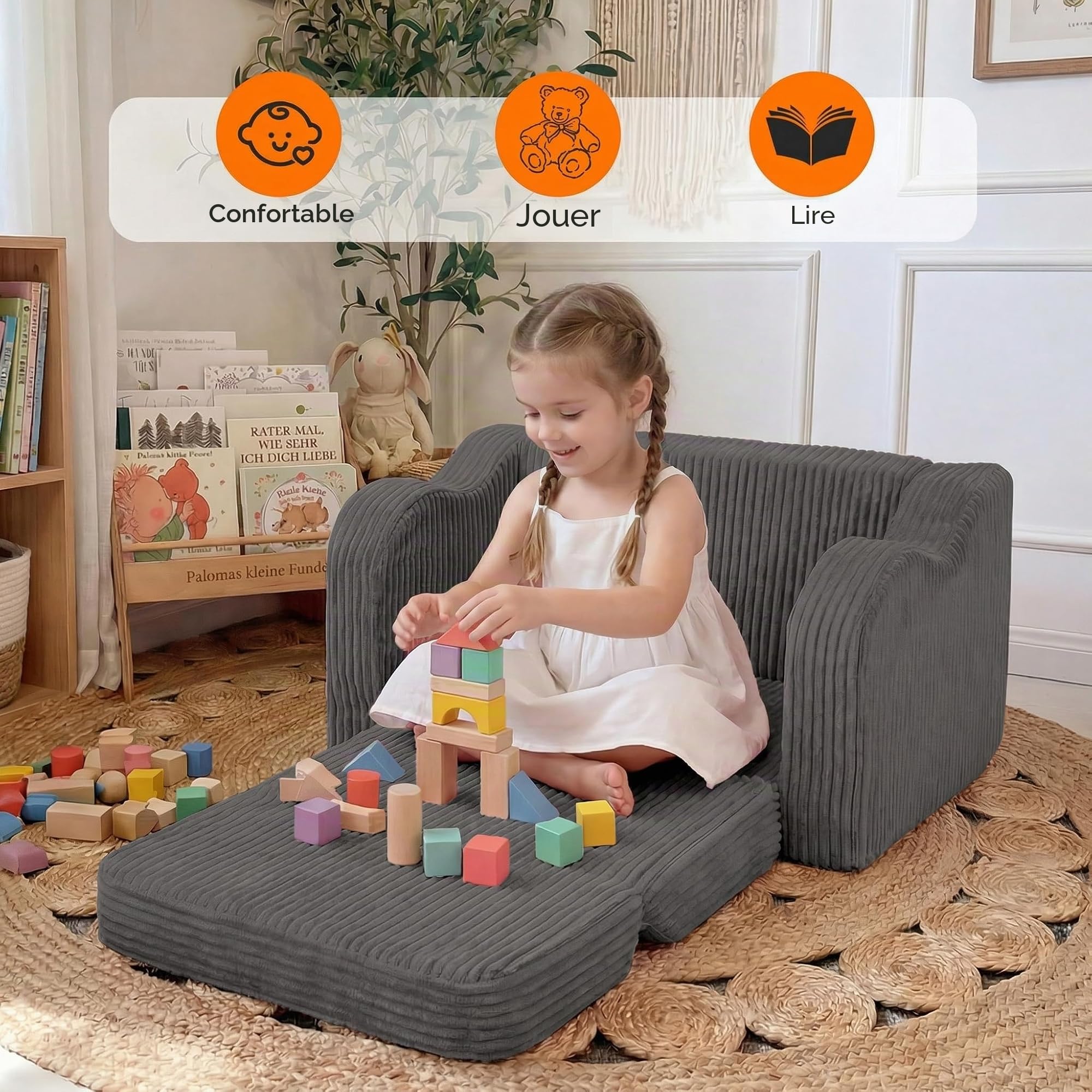 MeMoreCool Cord Canapé pour enfants, fauteuil de relaxation pour enfants, canapé lounge pour bébé, mini canapé pour coin câlin chambre d'enfant, canapé dépliable pour garçons et filles âgés de 1 à 3