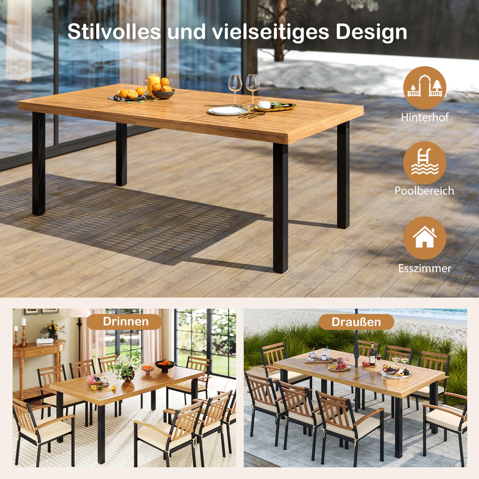GOPLUS Gartentisch aus Akazienholz, 200×100cm Terrassentisch wetterfest mit 5cm Schirmloch, Esstisch rechteckig für 8 Personen, für Outdoor Garten Terrasse Hof (Modell D)