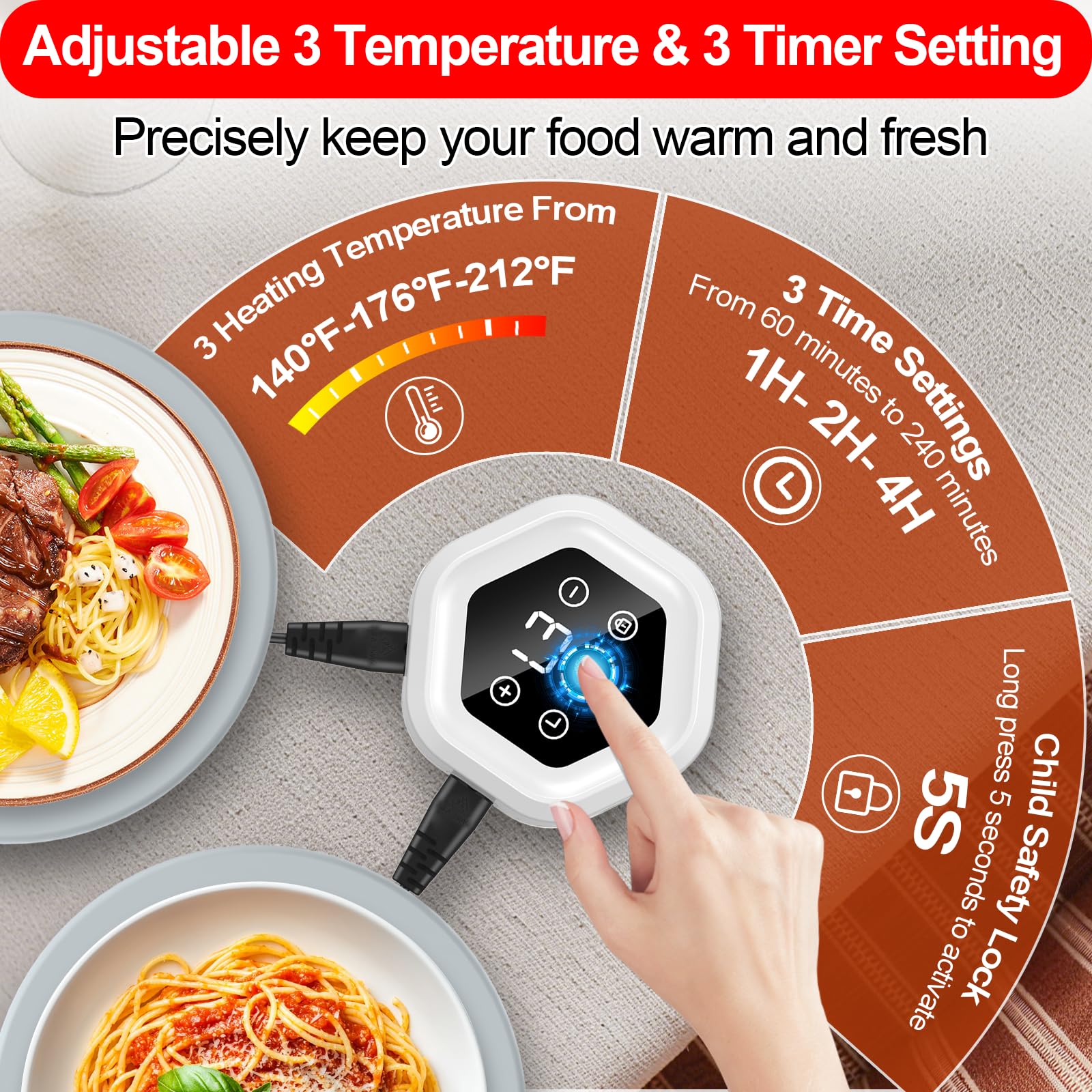 Alfombrilla de calentamiento de alimentos – Bandeja de calentamiento eléctrico de silicona de calentamiento rápido con temperatura de 3 niveles, almohadilla de calor para platos calientes de bufé