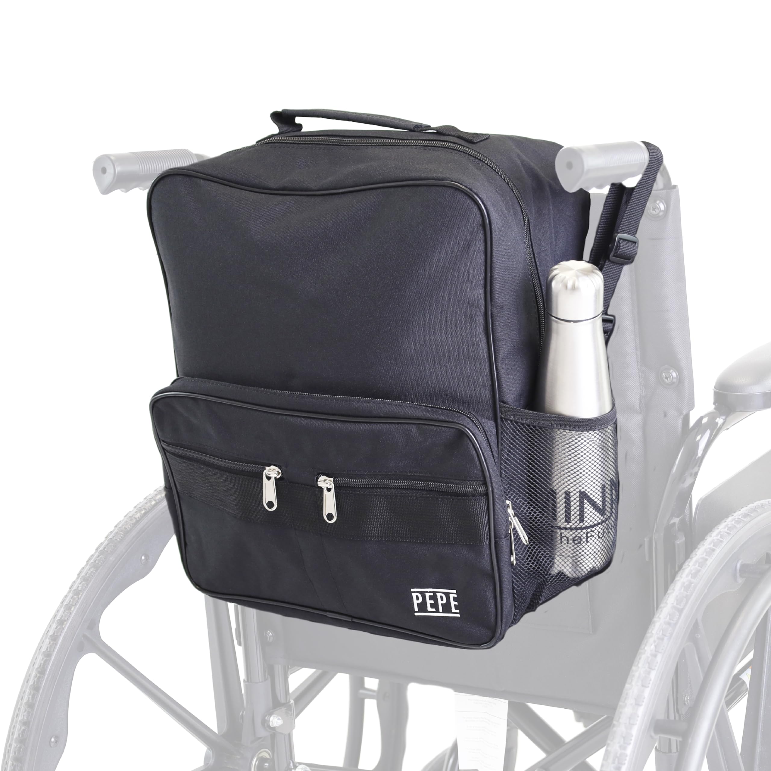 PEPE Mobility - Torba na wózek inwalidzki, plecak na tył wózka inwalidzkiego, pojemna torba do przechowywania akcesoriów do wózków inwalidzkich, wytrzymała, praktyczna, czarna