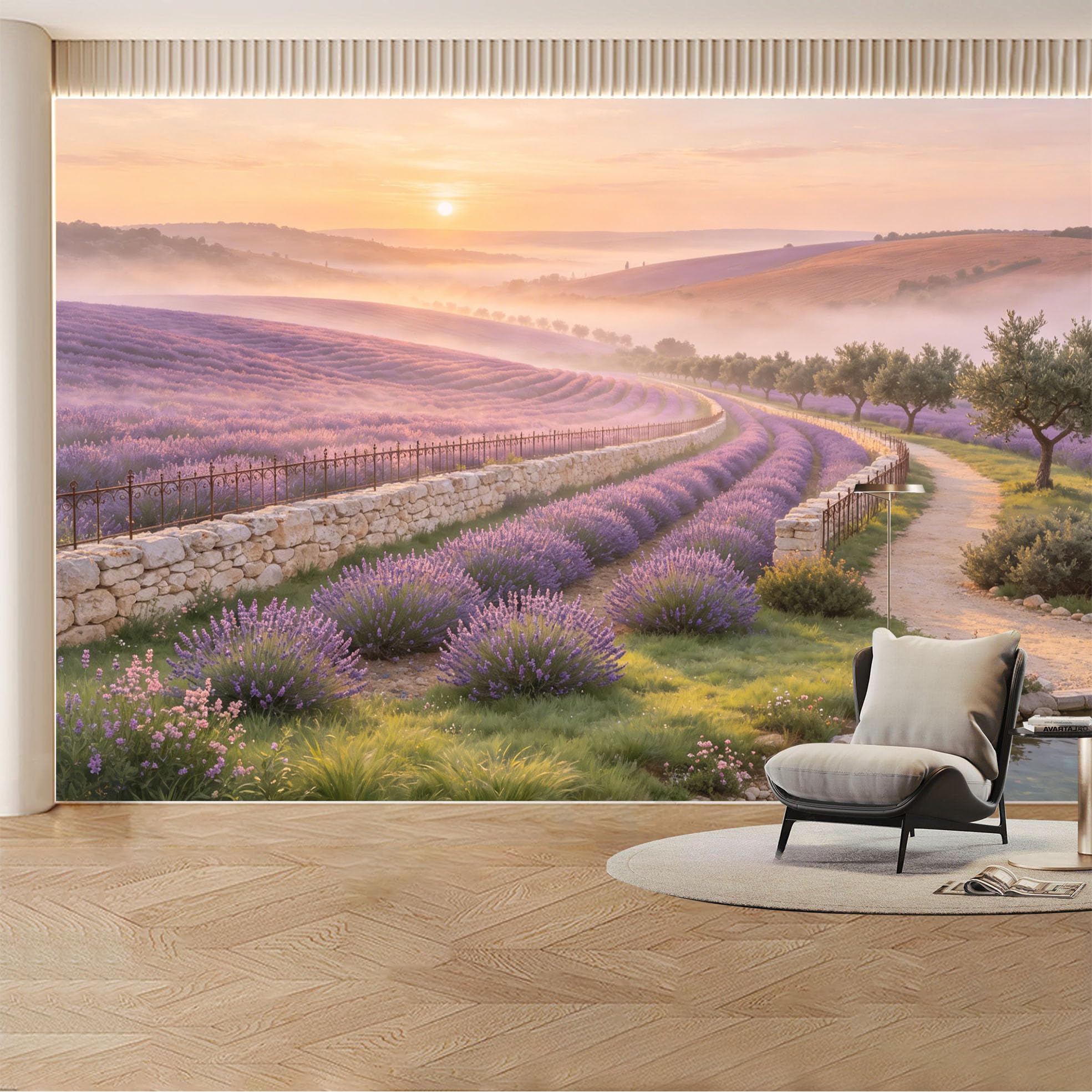 Custom Wall Mural Wallpaper Lavender Field Landscape Nature Large Wall Art Mural Design Sunset Misty Rustic Removable SelfAdhesive Large Photo for Living Room， Bedroom， Office