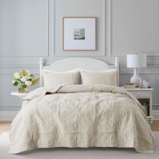 Light Beige Damask Quilt King Size Bedding Sets with 2 Pillow Shams, Boho Bedspread Lightweight Soft Farmhouse Vintage Bohemian Coverlet Retro Jacquard Pattern Bed Cover for All Season, 3 Pieces