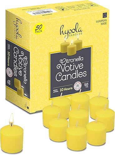 HYOOLA Velas votivas de citronela, 10 horas de tiempo de combustión, paquete de 50, velas repelentes de insectos ideales, hechas en Europa