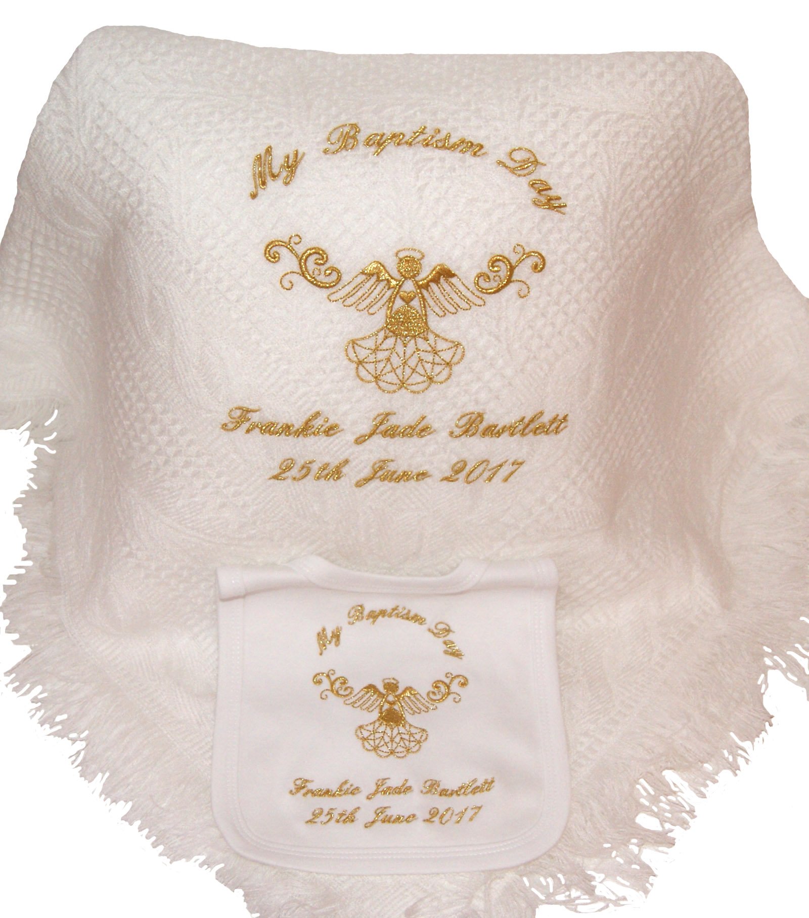 Baby’s Personalised Christening/Baptism/Naming Day Guardian Angel Shawl & Bib Set (Gold)