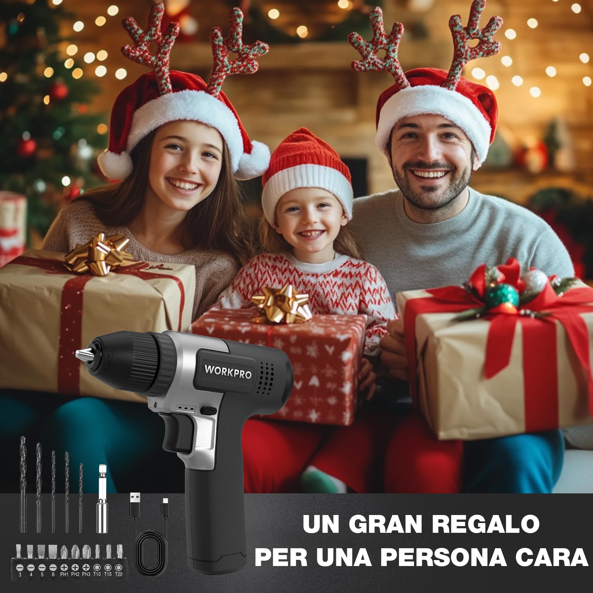 WORKPRO Trapano a Batteria 8V, Trapano Elettrico con Mandrino da 10 mm | Cacciavite Elettrico, Cacciavite con Velocità Variabile, Cacciavite Ricaricabile Tipo C, con 15 Accessori, Nero
