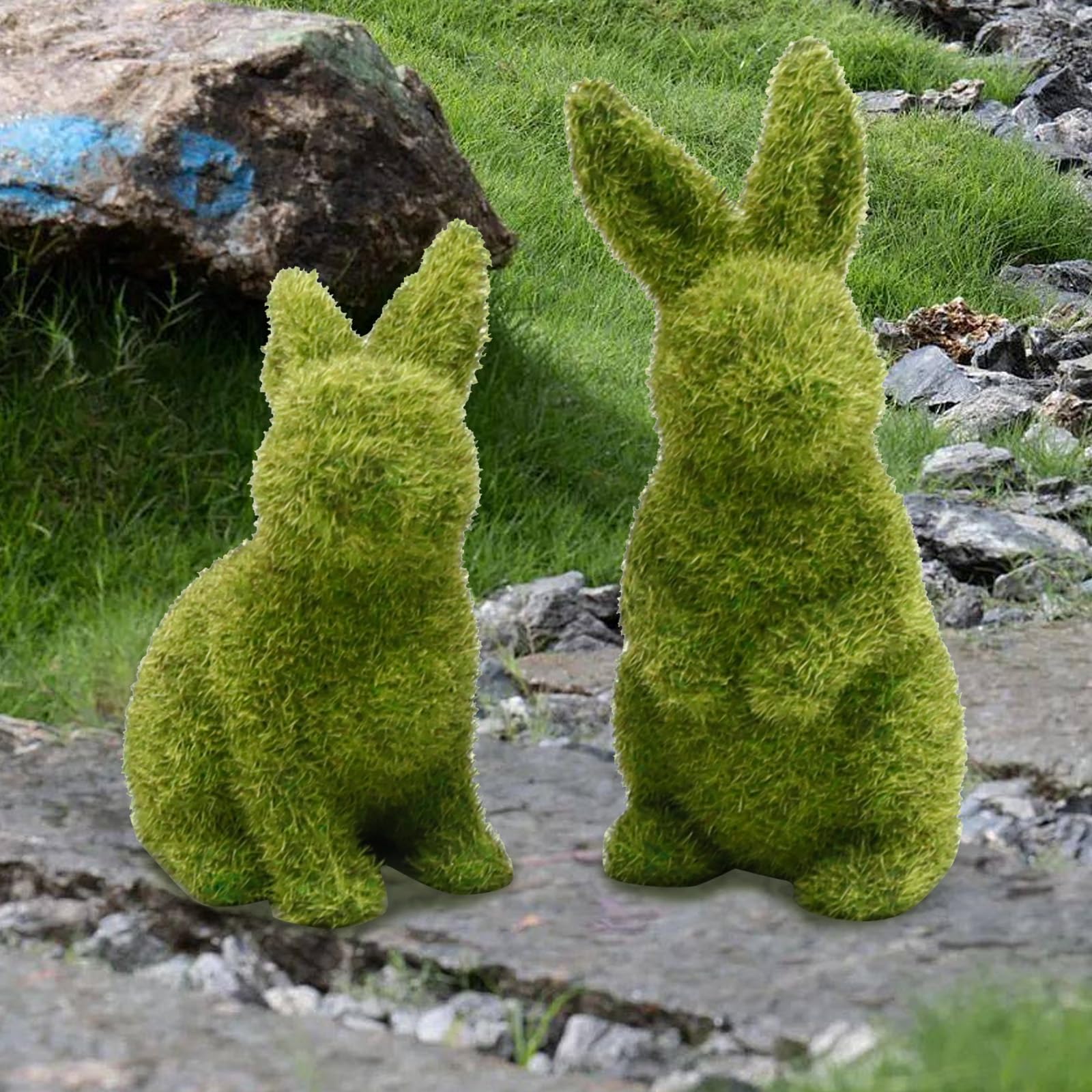 MDEOOSKY 2 Stück Oster-Moos-Hasen-Figur, beflockte Hasenstatue, grüne Nachahmung Moos Kaninchen Skulptur, für Ostern Festival Garten Hof Home Party Ornament Dekoration