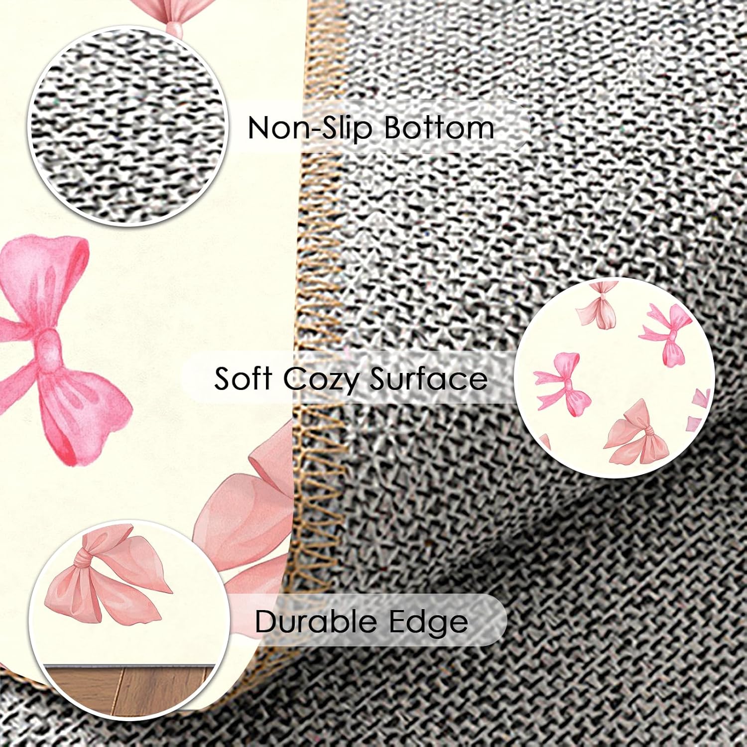 Bow Pattern Area Rug for Girl Bedroom Living Room, Washable Soft Round Artificial Wool Kids Pink Beige Carpet for Entryway Living Room Laundry, 4'Round