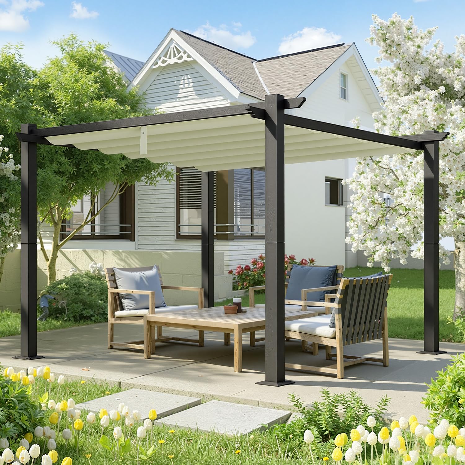 Ersatzdach für 3.65 x 4.85 m Pergola,wasserabweisend einziehbar Welle Überdachung,UV-Schutz 50+, NUR Schattenabdeckung 350 x 423 cm,Wetterfest,Sonnenschutz für pergola,Garten,Cremeweiß