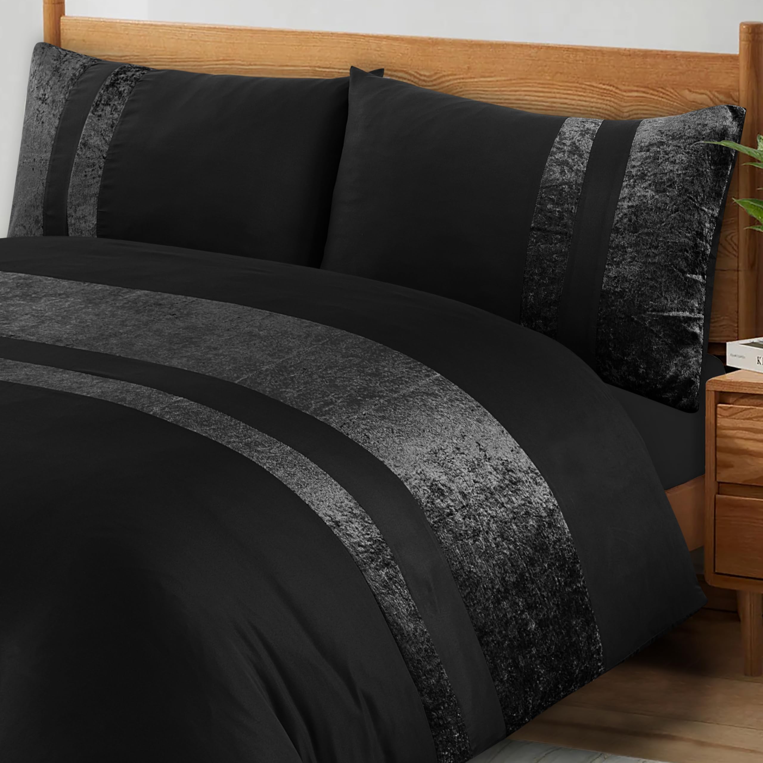 Luxury Crushed Velvet Double Duvet Set with 2 Pillow Cases Double Bedding Set – Black Color Crush Velvet Panel Band Double Duvet Cover Set