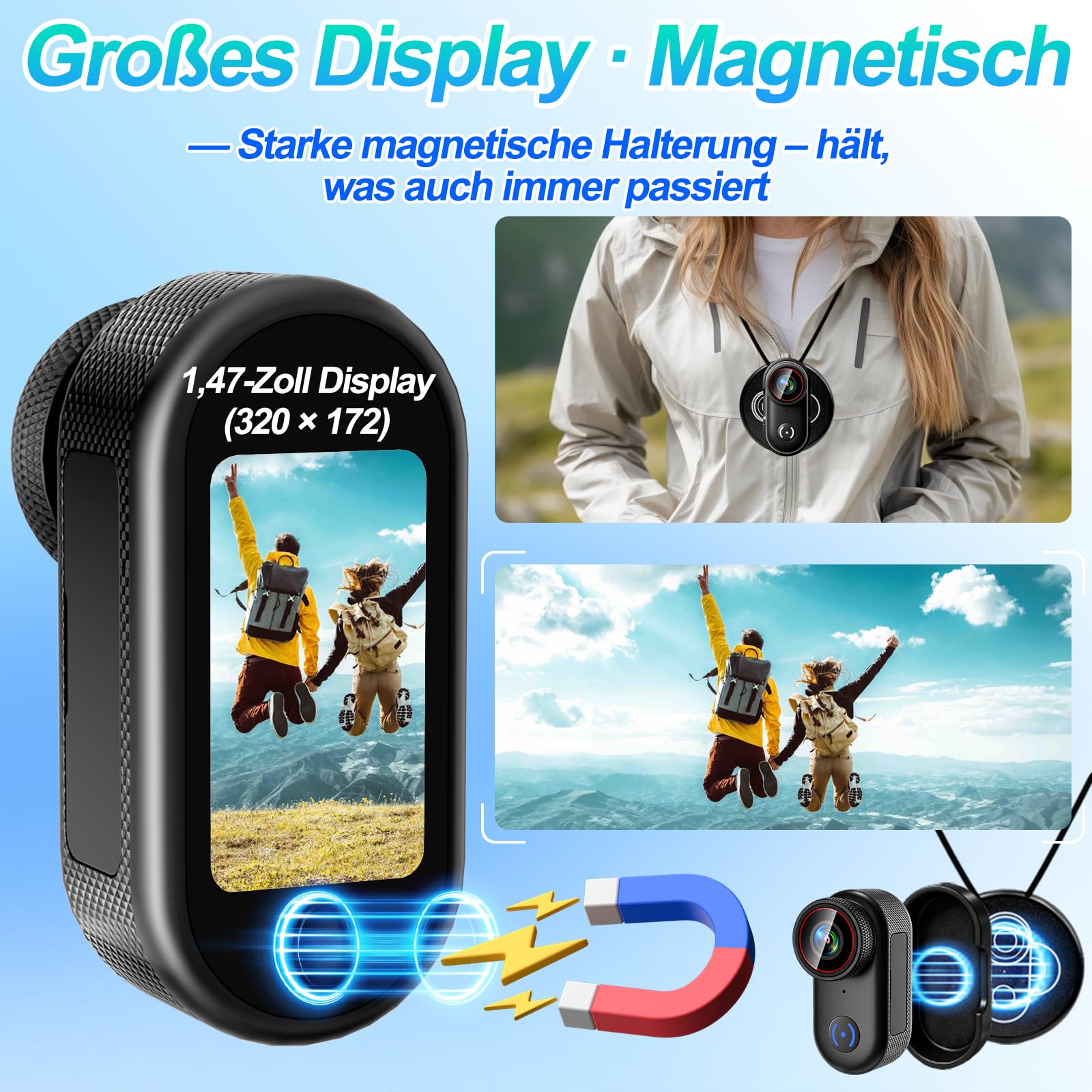 Mini Action Kamera 4K 44g Helmkamera Bodycam Motorrad Outdoor | 1,47 Zoll Display, Vertikalmodus, 140° Weitwinkel, IP65, Nackenband, für Helm Lenker Rucksack