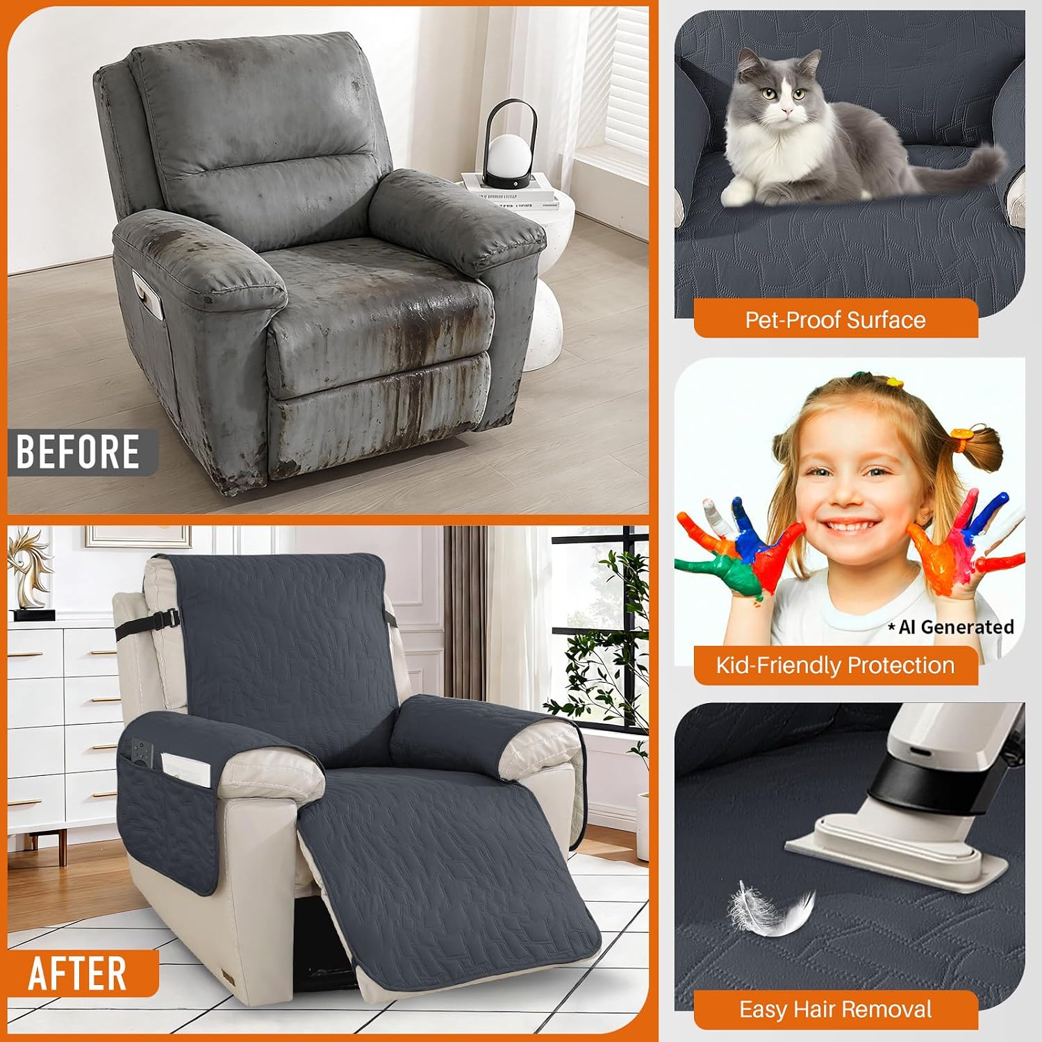 100% Waterproof Recliner Chair Covers,Non-Slip Chair Cover Dog Furniture Protector Recliner Covers Washable Slipcover with Pocket,Elastic Straps for Pets,Dogs,23.6",Dark Gray