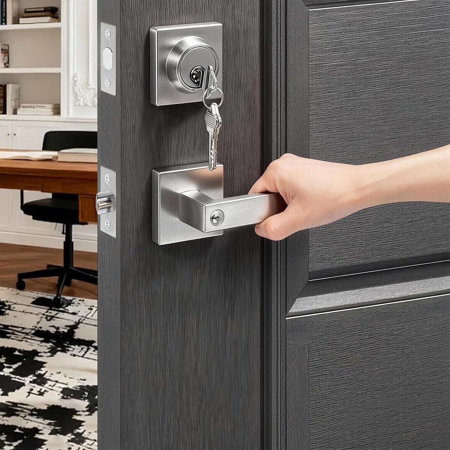 Square Exterior Door Handle with Deadbolt, Satin Nickel Entry Door Locksets with Deadbolt, Door Handle and Deadbolt Set for Home and Office, Reversible for Right and Left Sided Doors, 1 Pack