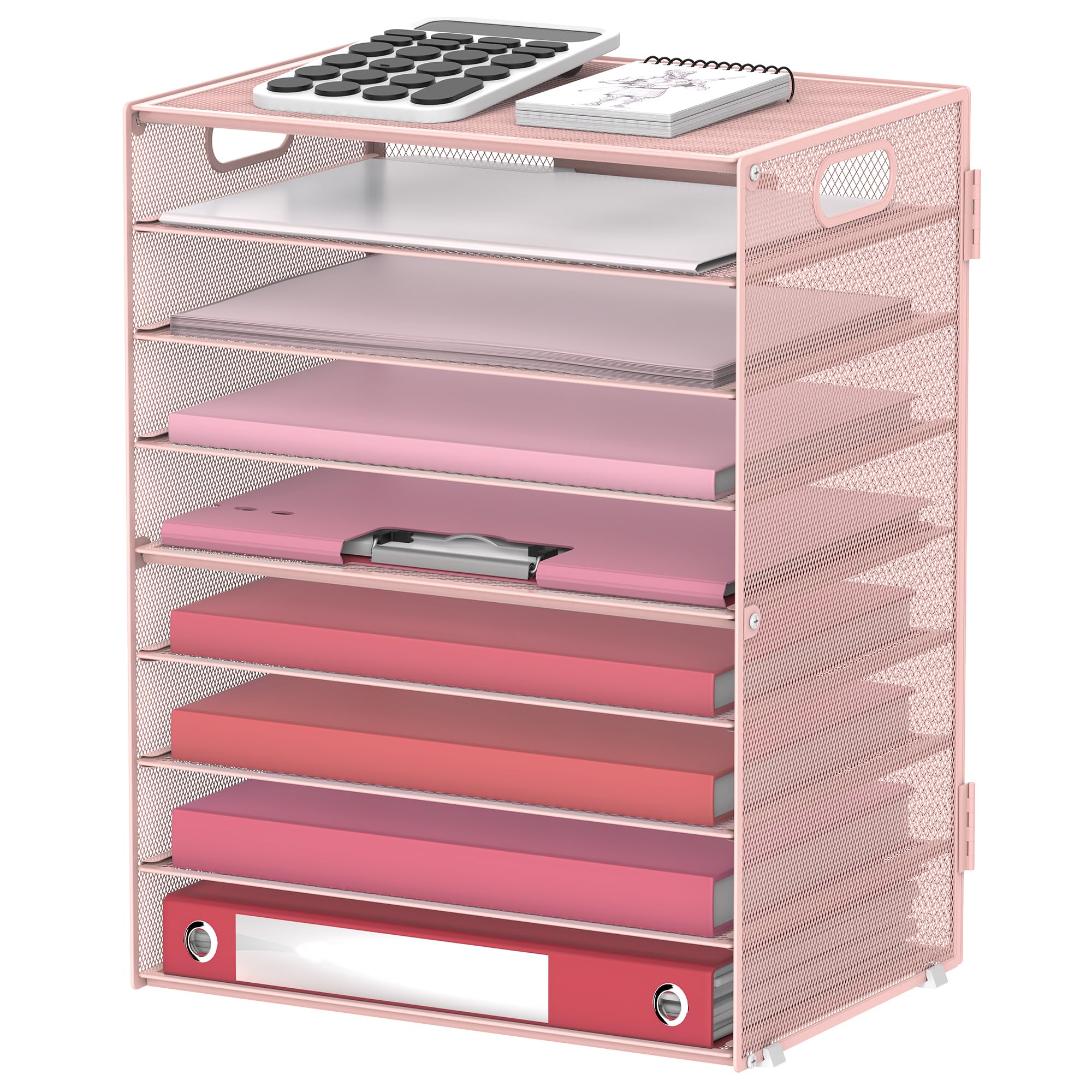 Supeasy Pink 9-Tier Paper Letter Tray Desk Organiser With Handles, Mesh File Holder Organisation, Paper Sorter Desk Organiser For Office Home School,