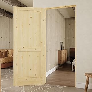 30" x 80" Pine Wood Prehung Door Interior, Natural Pine Wood Door, Arch Top 2-Panel ReadytoStain Solid Core Slab Doors with Easy Assembly Jamb Kit, Black Hinges, Right Hand Inswing