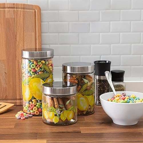 Miniatura 6 de American Atelier Juego de recipientes de vidrio de 3 piezas en 59 onzas, 44 onzas y 30 onzas con diseño impreso y tapa plateada, tapas herméticas