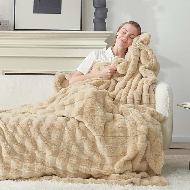 Cozy Bliss Fluffy Faux Fur Throw Blanket for Couch,Warm Cozy Soft Beige ...