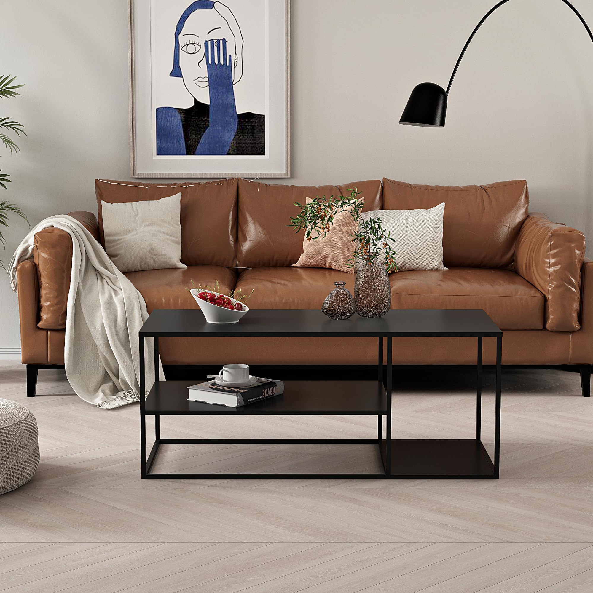[en.casa] Tavolino Basso da Soggiorno 120 x 50 x 50 cm Tavolino Rettangolare in Accaio a 3 Piani di Appoggio Tavolino da caffè - Nero Opaco