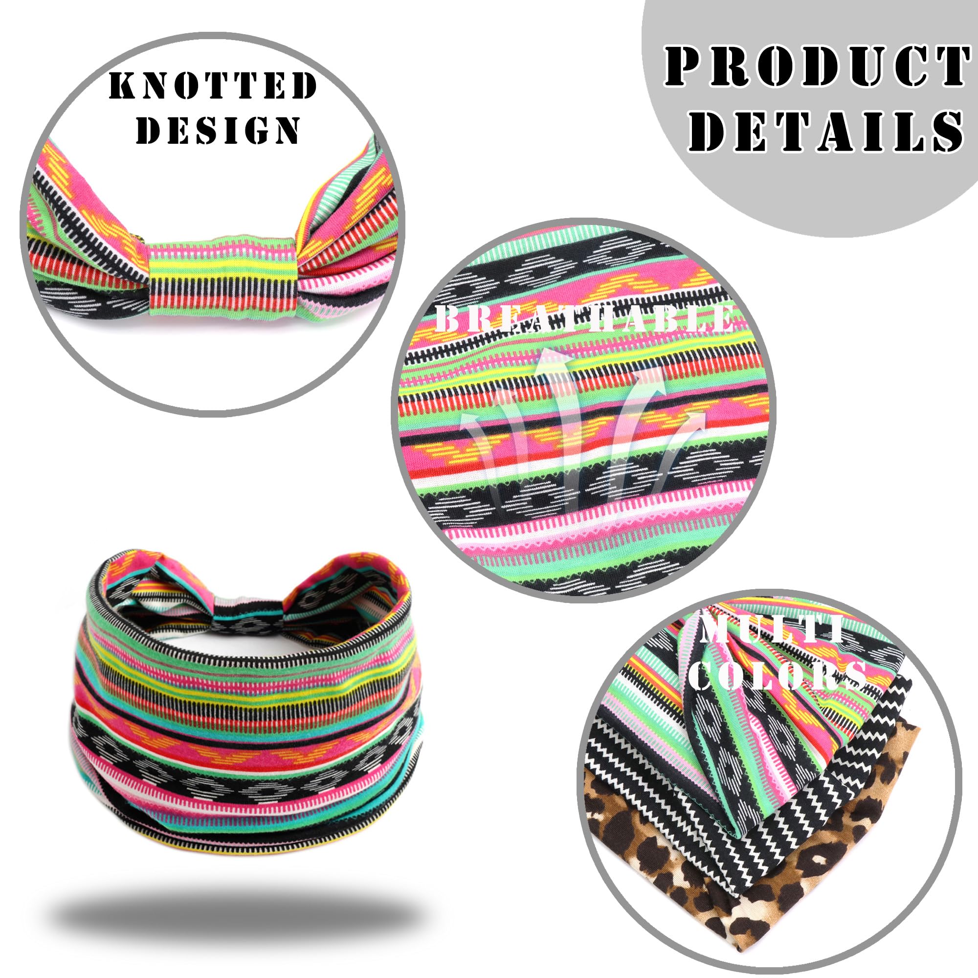 FULZTEY Lot de 3 bandeaux bohèmes à motif léopard, turban large noué à rayures, style africain, bandanas extensibles pour yoga, entraînement, accessoires de cheveux chics pour femmes et filles