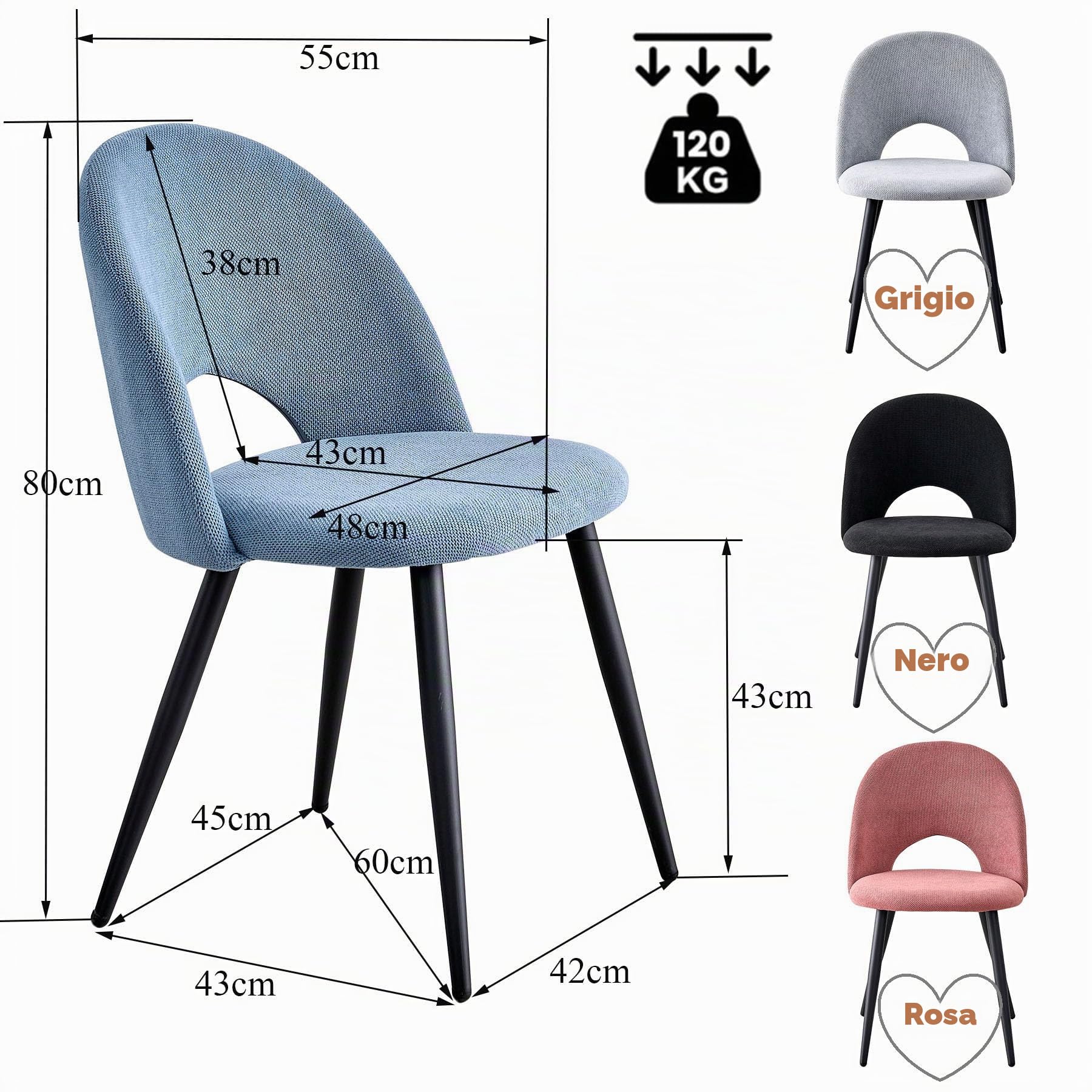 Set di 6 Sedie da Pranzo in Velluto Matty, Sedia da Cucina Imbottita Moderna di Metà Secolo con Gambe in Metallo per il Soggiorno, Sala da Pranzo (Blu)