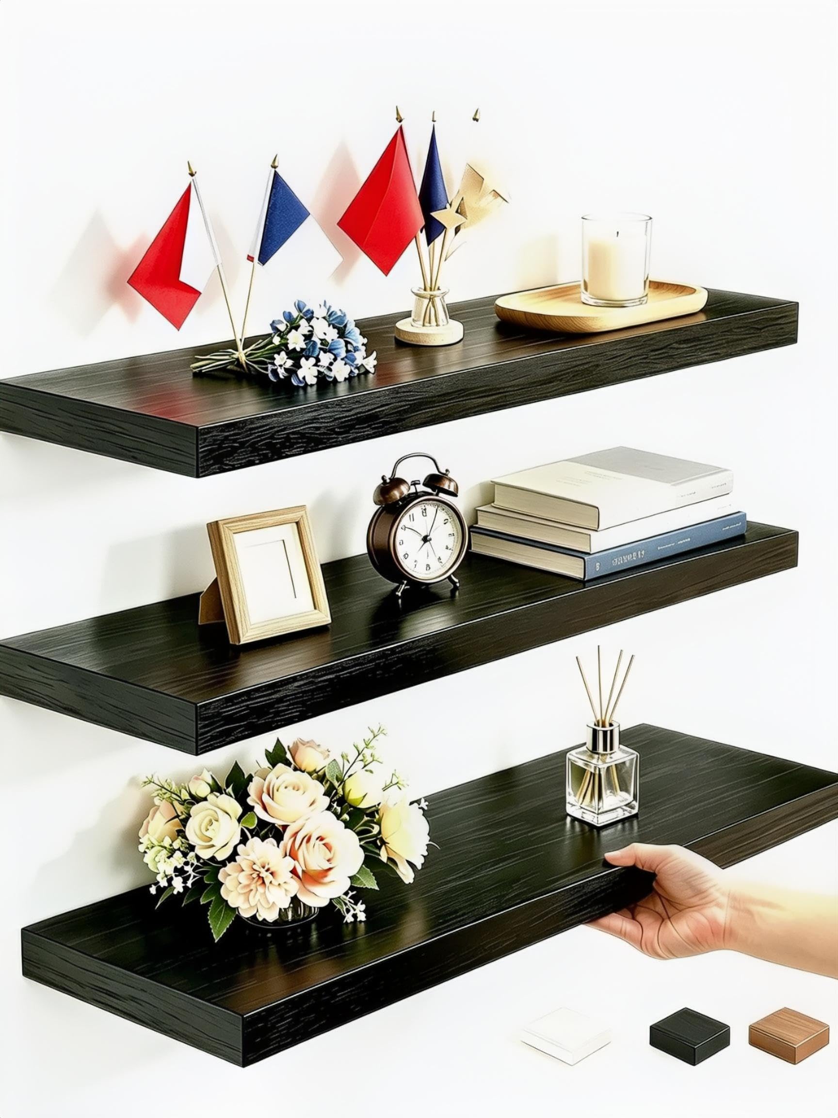 Vervida Black Rustic Floating Wall Shelves 15in Set of 3 Hidden