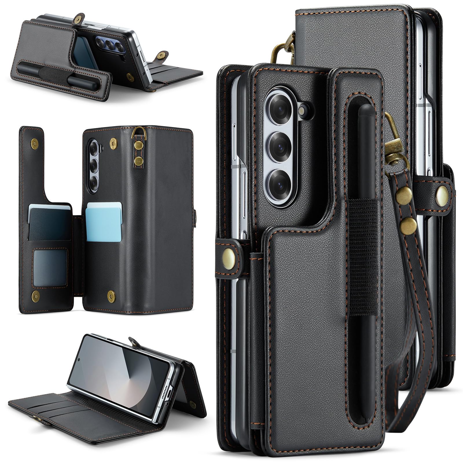 Asuwish Phone Case for Samsung Galaxy Z Fold 6 5G 2024 Wallet Cover with S Pen SPen Slot Wrist Strap RFID Blocking Credit Card Holder Stand Slim Faux Leather Cell ZFold6 Z6 G Fold6 ZFold 6Z Black