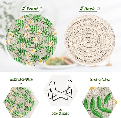 Miniatura 4 de innewgogo White Flower 6 Pcs Absorbent Drink Coasters for Tabletop Protection Handmade Round Woven Coaster with Holder & Heat Water Resistant Bulk