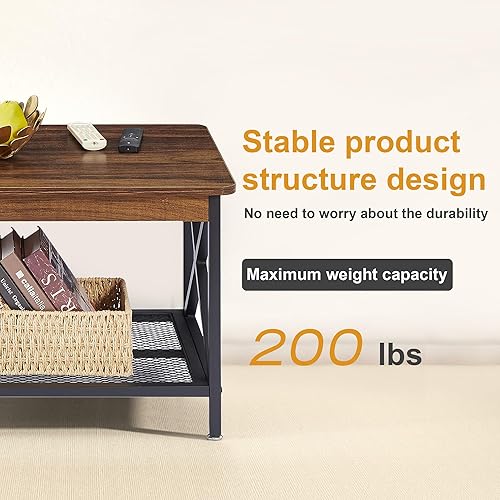 Miniatura 6 de VECELO Mesa central con estante de almacenamiento para sala de estar, oficina, recepción, rectangular, marrón