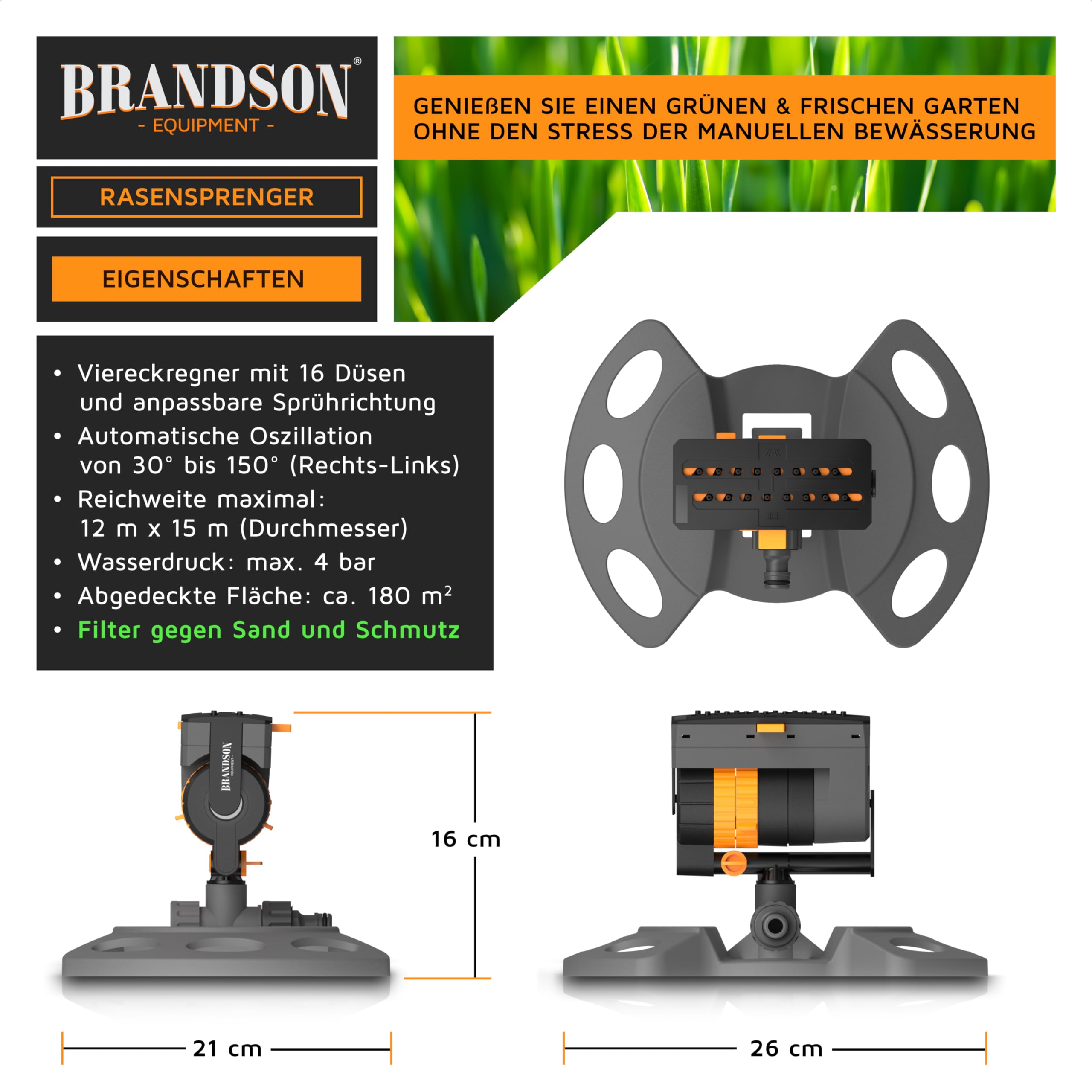 Brandson - Rasensprenger mit 16 Düsen für große Flächen – 3/4 Zoll Viereckregner - Sprühmuster einstellbar von parallel bis gefächert - Oszillation – Garten Rasensprinkler - 2