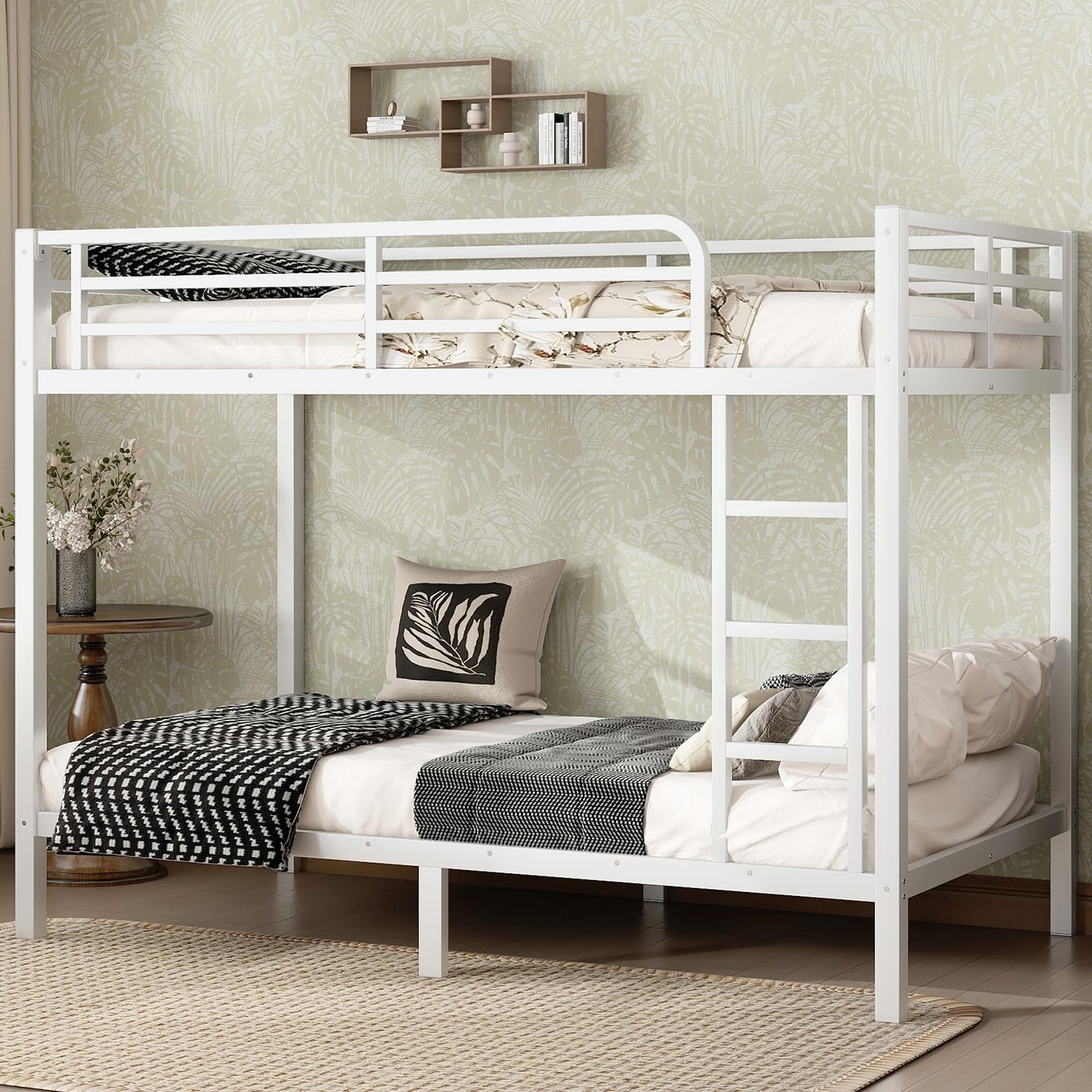 Twin XL Over Twin XL Bunk Bed,Heavy Duty Metal Bunk Bed Frame for Adults,2 Side Ladder,Guardrail,Space-Saving,Noise Reduced,No Box Spring Needed,Black (White, Twin XL Over Twin XL)