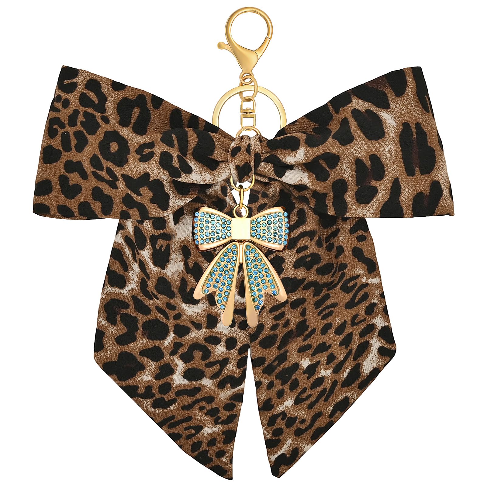 Snylcce Leopard Bow Keychain Alloy Key Ring Bag Charm Purse Charm with Rhinestone for Women Car Keys Handbags Backpacks Gold Blue Rhinestone