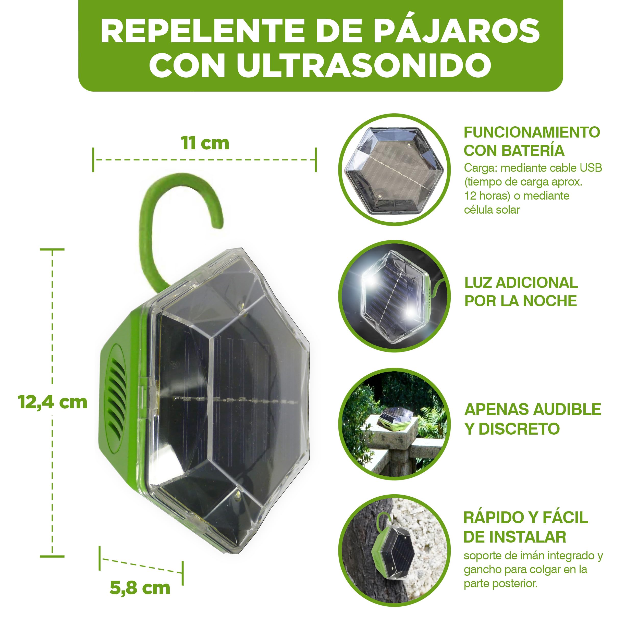 ISOTRONIC Repelente Solar para Aves — Flash y Ultrasonido para Palomas, Gaviotas y Cuervos — Ahuyentador para Balcón y Jardín — Alcance Efectivo 150 m² — Pack de 1 Unidad