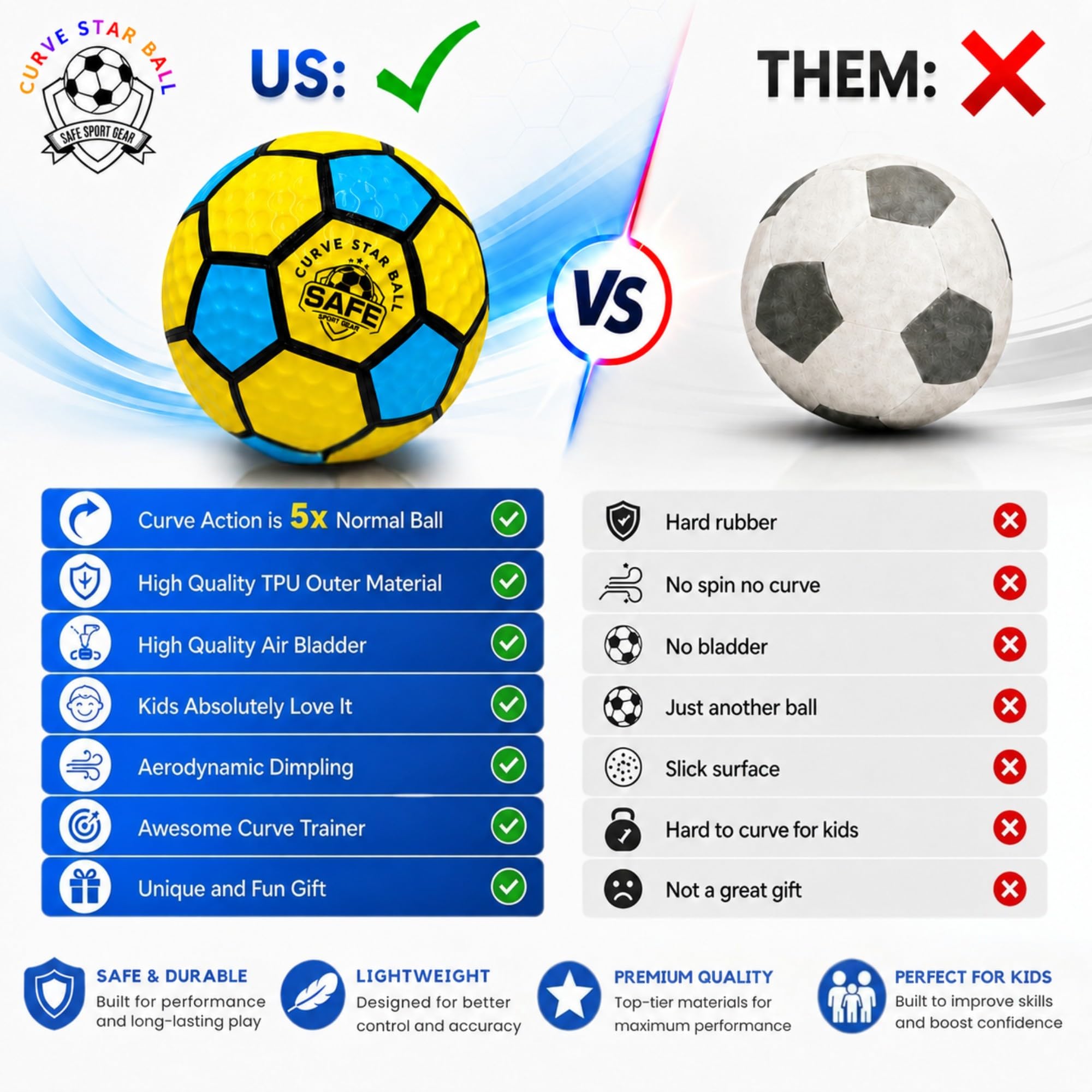 Safe Sport Gear Curve Star Football - Curve Your Shots Like a Pro dzięki temu zabawnemu prezentowi piłkarskiemu dla dzieci - niesamowita lekka piłka nożna rozmiar 5 dla dzieci