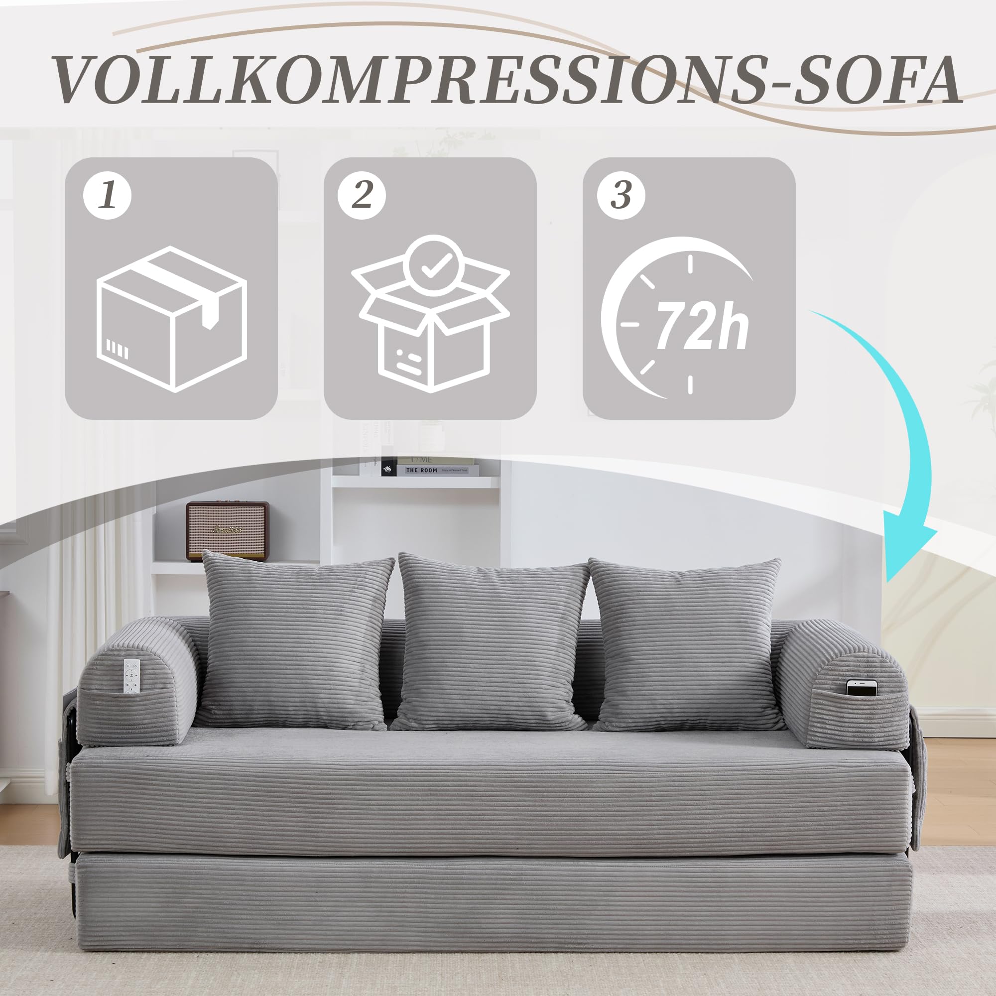 Sapgaks - Sofá convertible de 3 plazas con estructura de metal resistente, bolsillos laterales y 3 cojines, sofá modular de pana, se puede combinar libremente, sofá cama, gris claro