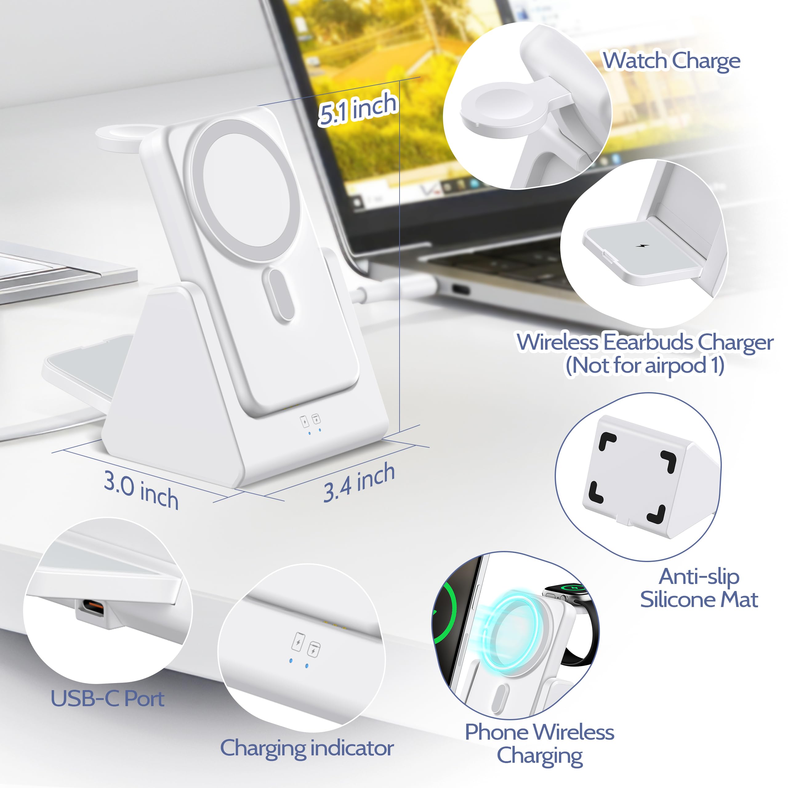 Smtcsl Stazione di ricarica wireless 3 in 1: caricabatterie portatile da 5000 mAh, compatibile con iPhone serie 16/15/14/13/12 e Apple Watch, supporto di ricarica magnetico staccabile bianco
