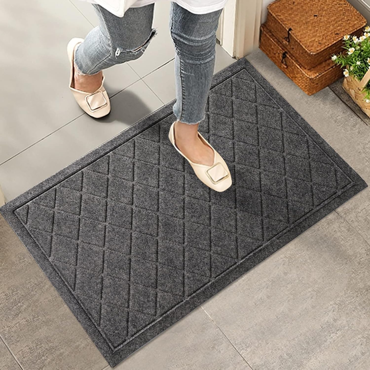 Sturdy Front Door Mat, Absorbent Muddy Dirt Resist Welcome Door Mats Outdoor Indoor, Heavy Duty Easy Clean, Non-Slip Rubber Backing Low Profile Doormat for Entryway, 30×17, Grey Grey 30" x 17"