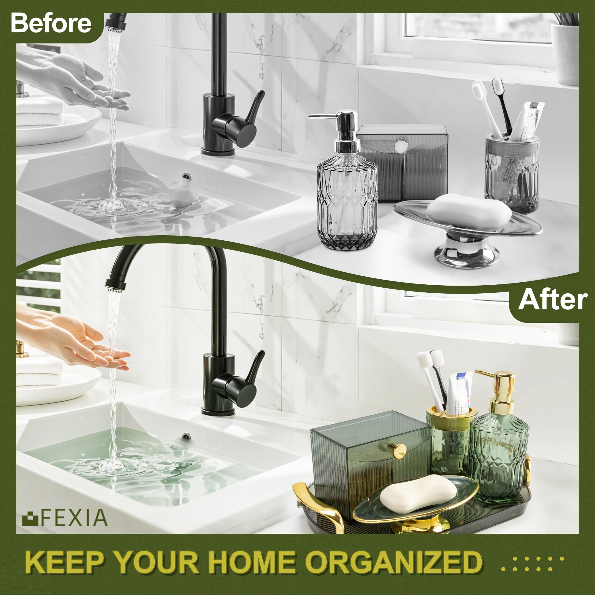 Juego de accesorios de baño verdes, 5 piezas, decoración de baño verde con bandeja de tocador decorativa para decoración de baño bohemia, dispensador de jabón, soporte para cepillos de dientes 6