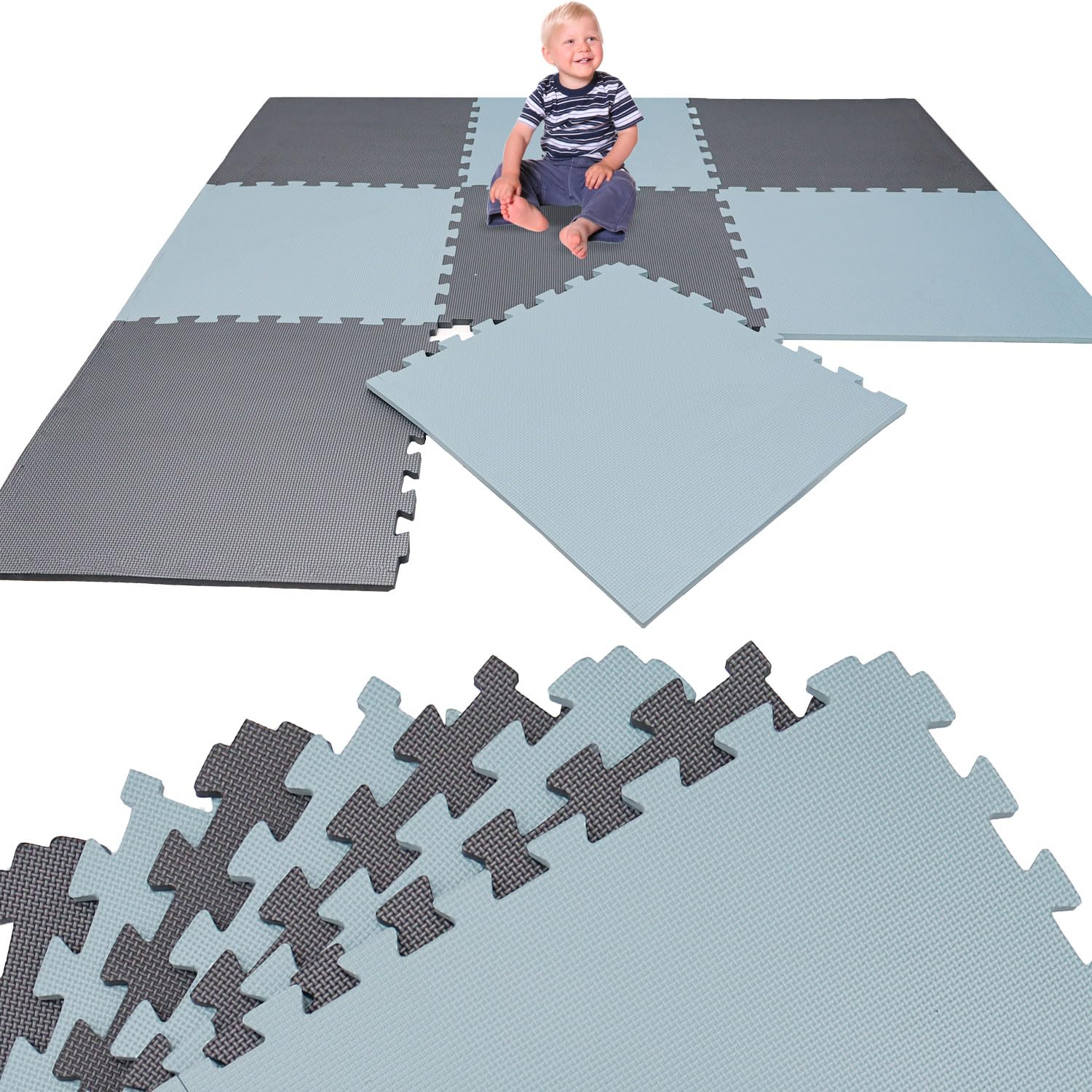 LittleTom Kids Play Mat Grey & Blue - 8 EVA Floor Tiles 50 x 50 cm - Activity Playmat 200x100 cm for Children - Foldable Foam Rug for Toddlers BPA-Free - Interlocking Puzzle Squares - Playpen Carpet โ image 1