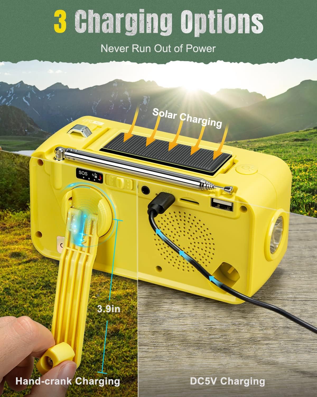 PRUNUS 3600mAh Emergency Radio Hand Crank/Solar/USB Charging, Bluetooth Speaker, Flashlight,Phone Charger,SOS Alarm, Power Bank, MP3,7 NOAA Weather Radio, Portable Radio Transistor AM FM