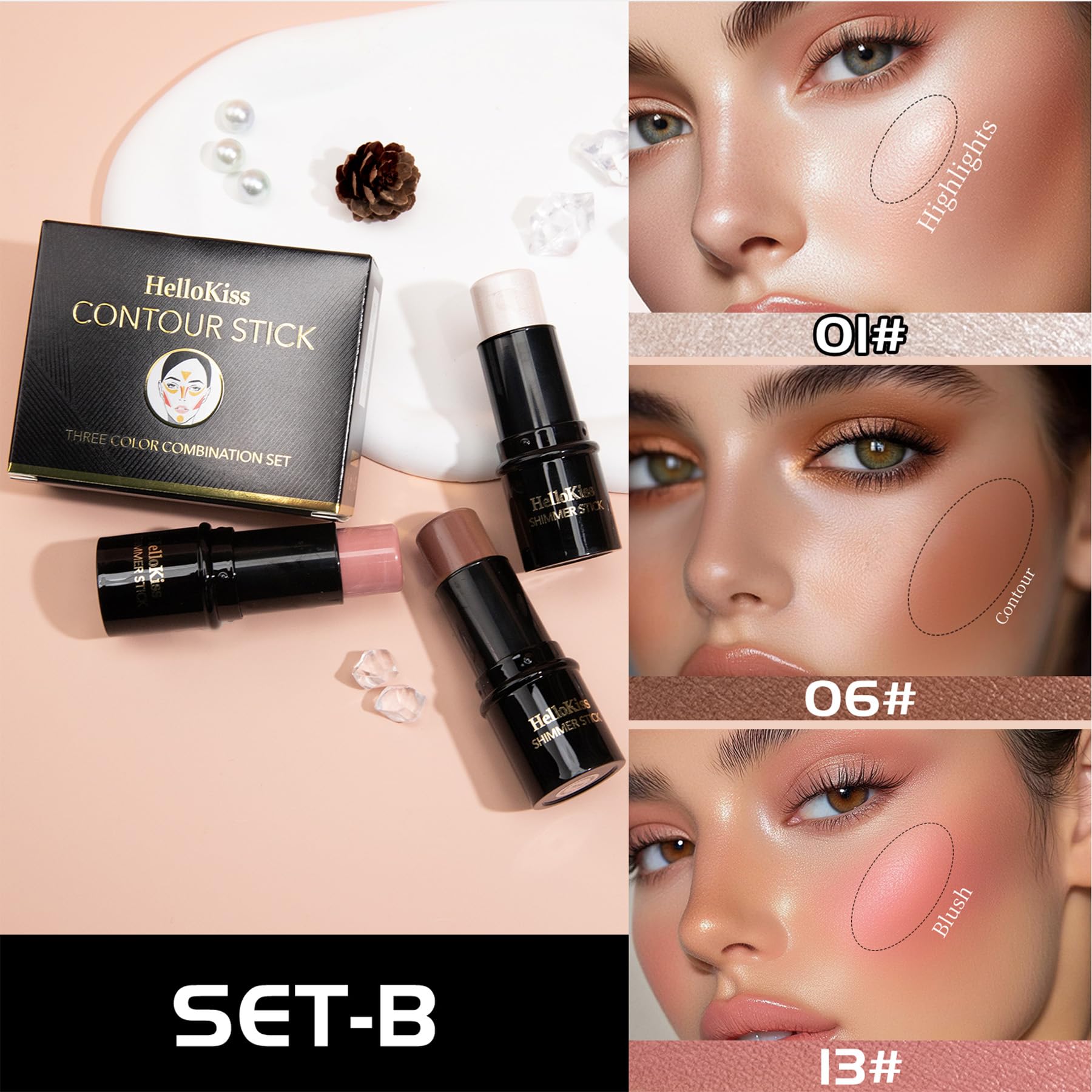 3PCS Contour Highlighter Blush Stick Set Waterproof Long-Lasting Cream Stick for Cheeks, Lips & Eyes, Long-Lasting & Easy to Apply - Image 2