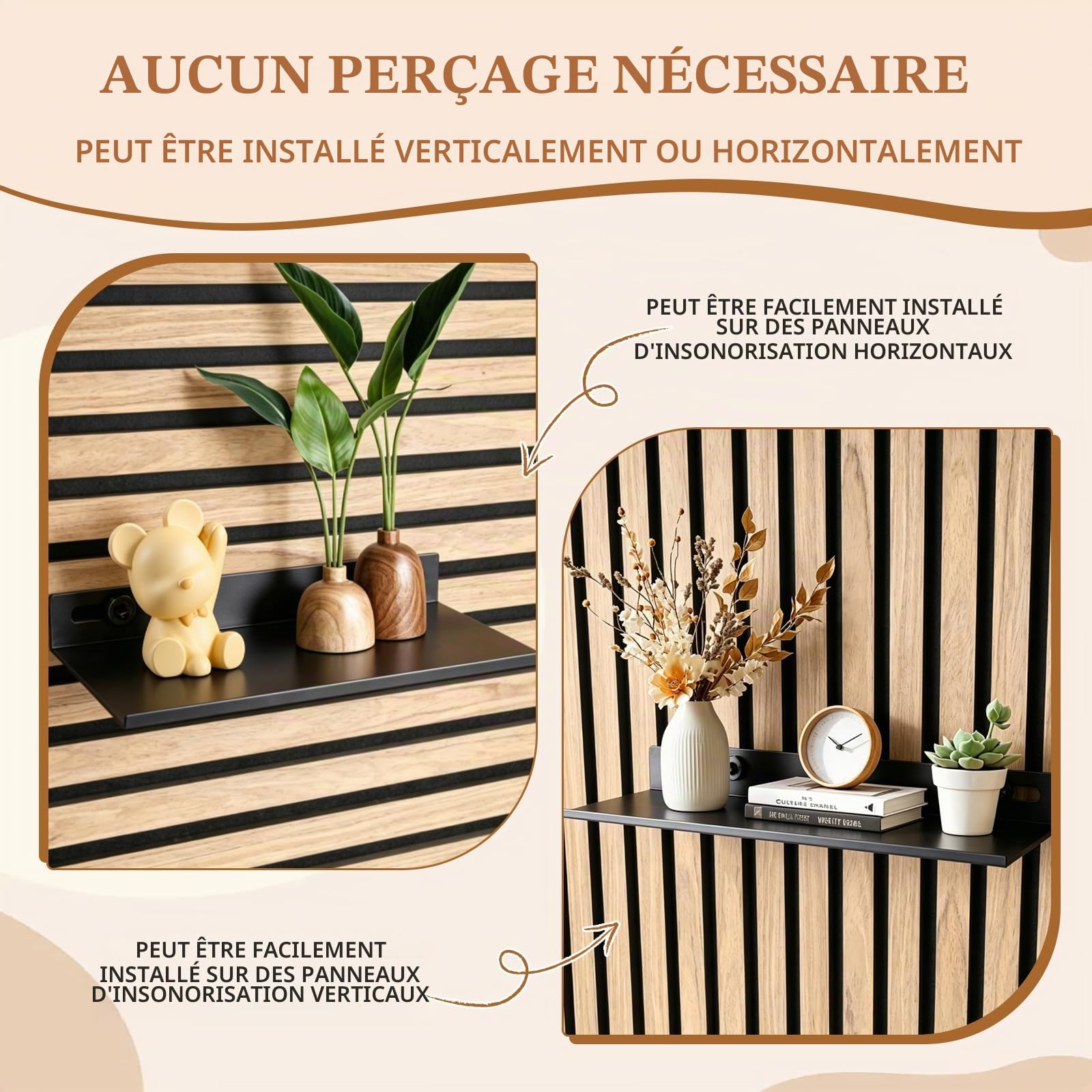 Étagère pour Panneaux Acoustiques sans Perçage 30 x 15cm | En métal Noir Accessoires de Panneaux Acoustiques, Panneau Acoustique Etagere pour Salon Chambre à Coucher, Bureau, Cuisine