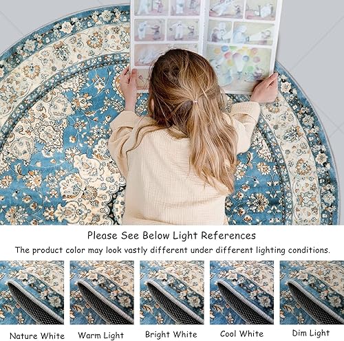 Miniatura 7 de Lahome Alfombra redonda de medallón floral oriental, alfombra redonda pequeña azul de 3 pies, suave, antideslizante, lavable, alfombra de baño,