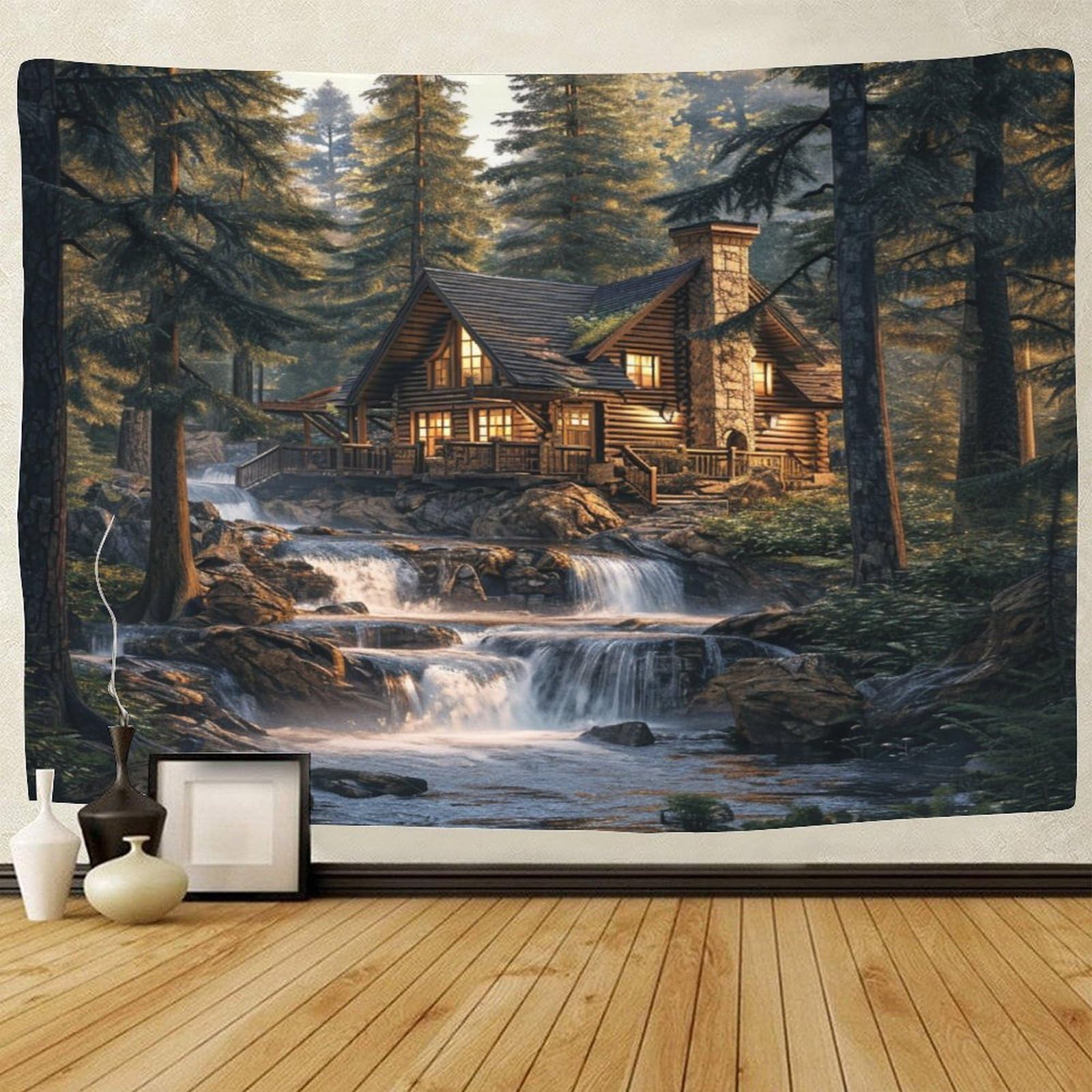 TIICZAAKL Mountain Cottage River Tapestry 3D Printing Tapestries Wall Hanging Poster Blanket Wall Art Decor for Decorations Living Room Bedroom Dorm Apartment 150cmx200cm