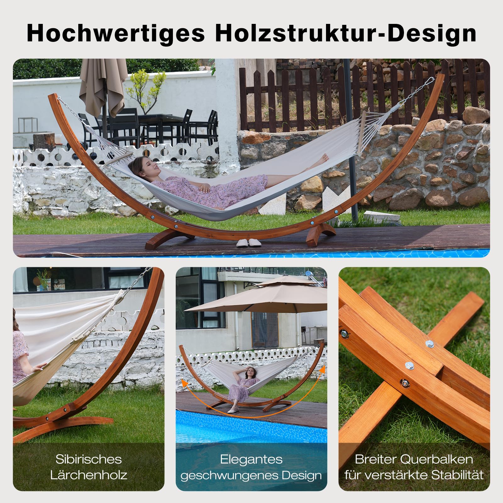 Hängematte mit Gestell, Mit 2 Hängematte, 200kg Belastbarkeit, Maße: 320x120x120 cm, Stabilem Bogengestell aus Massivkiefernholz, Für Garten, Terrasse und Balkon