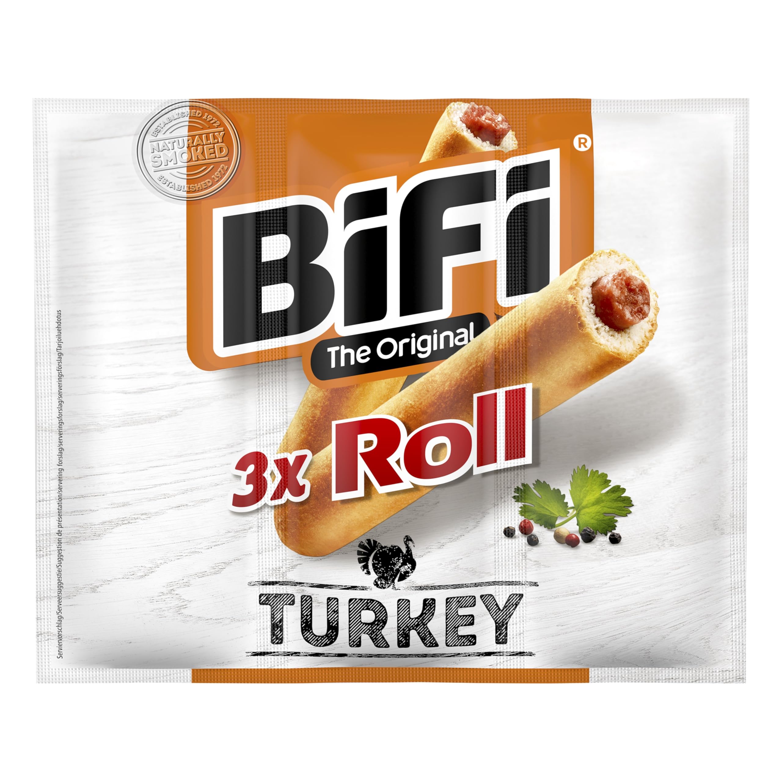 BiFi Roll Turkey - 30er Pack (30 x 45g) - Herzhafter Truthahn–Salami Fleischsnack – Snack im Teigmantel - für Unterwegs, im Büro oder beim Sport - mit Pfeffer, Koriander & Knoblauch